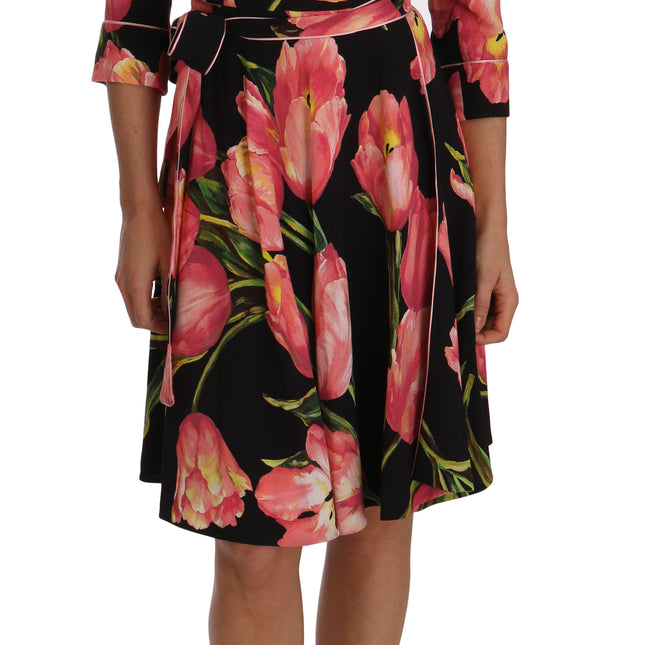 Dolce & Gabbana Black Pink Tulip Print Stretch Shift Dress