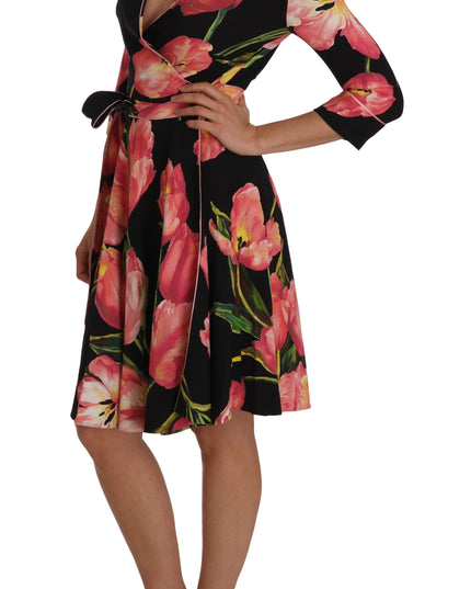 Dolce & Gabbana Black Pink Tulip Print Stretch Shift Dress