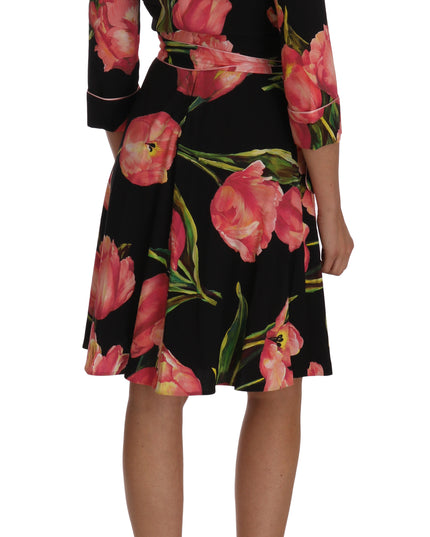 Dolce & Gabbana Black Pink Tulip Print Stretch Shift Dress