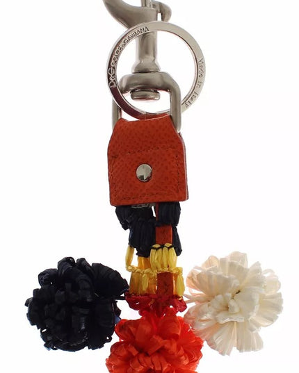 Dolce & Gabbana Silver Brown Raffia Leather Clasp Finder Chain Keyring