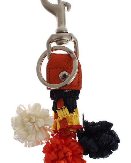 Dolce & Gabbana Silver Brown Raffia Leather Clasp Finder Chain Keyring