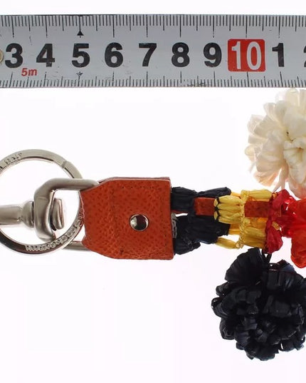 Dolce & Gabbana Silver Brown Raffia Leather Clasp Finder Chain Keyring