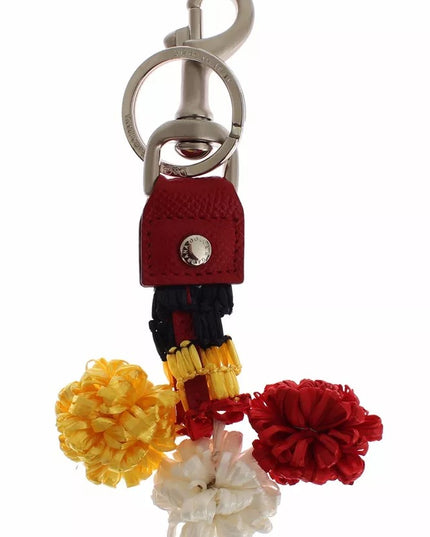 Dolce & Gabbana Silver Brown Raffia Leather Clasp Finder Chain Keyring