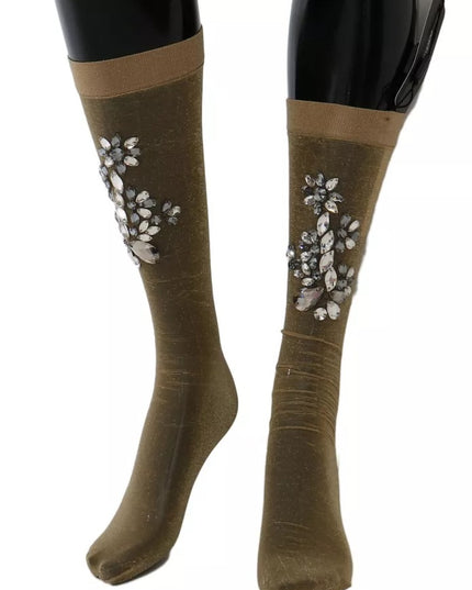 Dolce & Gabbana Gold Stretch Floral Clear Crystal Stocking Socks