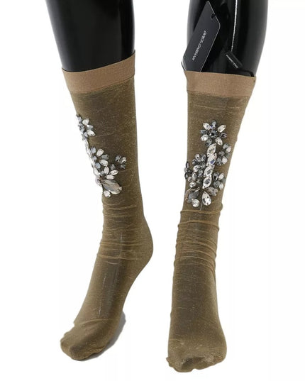 Dolce & Gabbana Gold Stretch Floral Clear Crystal Stocking Socks