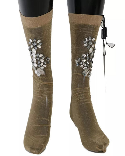Dolce & Gabbana Gold Stretch Floral Clear Crystal Stocking Socks