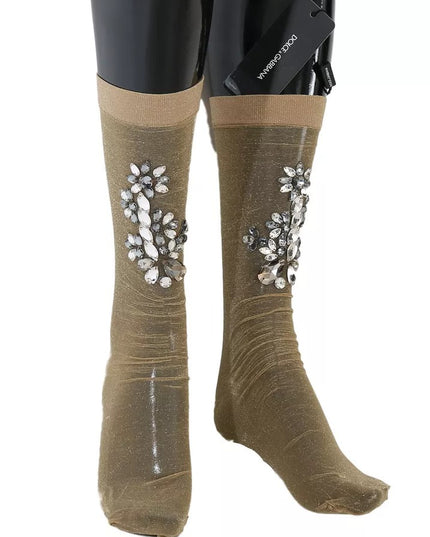 Dolce & Gabbana Gold Stretch Floral Clear Crystal Stocking Socks