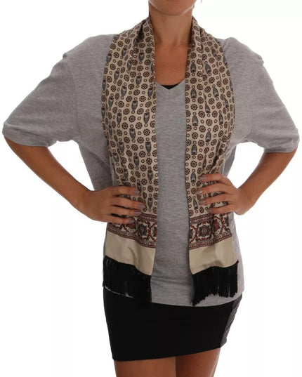 Dolce & Gabbana Gray Cotton Owl Silk Scarf Top T-shirt
