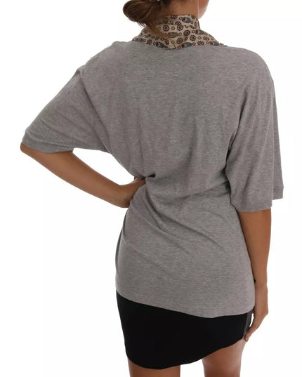 Dolce & Gabbana Gray Cotton Owl Silk Scarf Top T-shirt