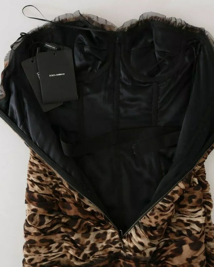 Dolce & Gabbana Brown Leopard Silk Chiffon Ruched Mermaid Maxi Dress