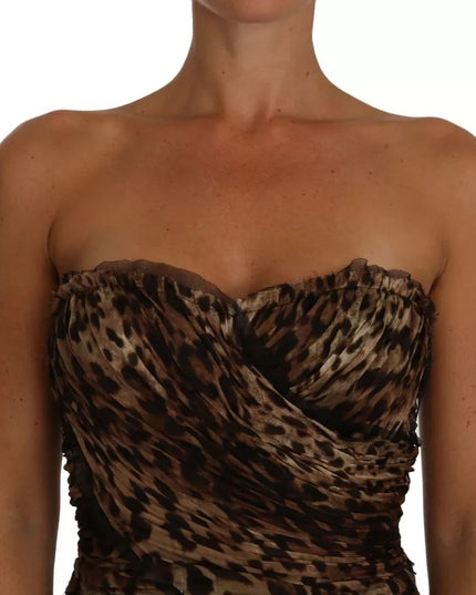 Dolce & Gabbana Brown Leopard Silk Chiffon Ruched Mermaid Maxi Dress