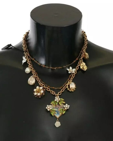 Dolce & Gabbana Gold Brass Crystal Floral Statement Charms Necklace