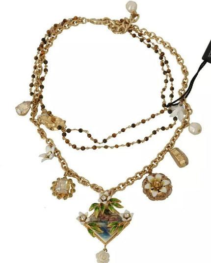 Dolce & Gabbana Gold Brass Crystal Floral Statement Charms Necklace