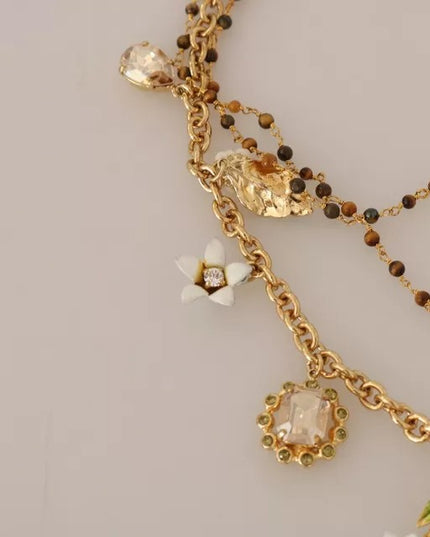 Dolce & Gabbana Gold Brass Crystal Floral Statement Charms Necklace