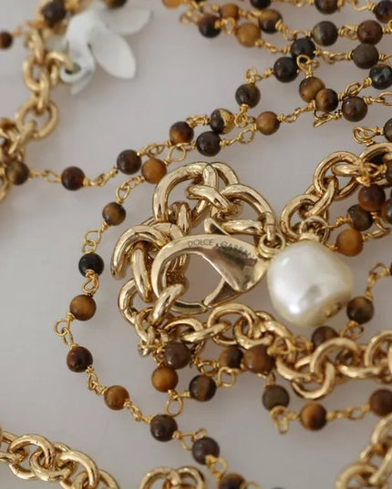 Dolce & Gabbana Gold Brass Crystal Floral Statement Charms Necklace