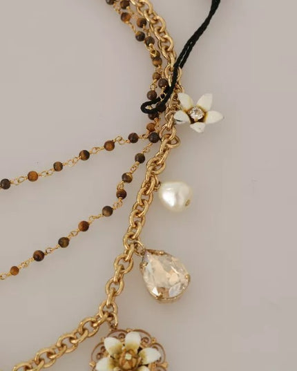 Dolce & Gabbana Gold Brass Crystal Floral Statement Charms Necklace