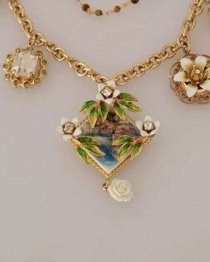 Dolce & Gabbana Gold Brass Crystal Floral Statement Charms Necklace