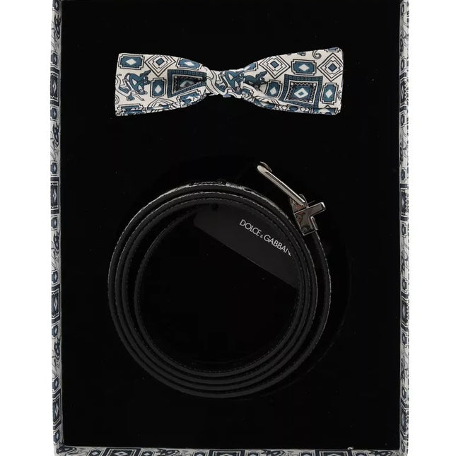 Dolce & Gabbana White Blue Silk Bowtie Leather Belt Gift Box Set