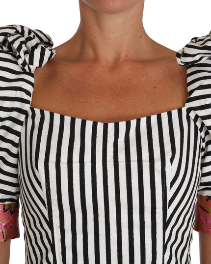 Dolce & Gabbana White Black Striped Cropped Top Puff Sleeve Shirts