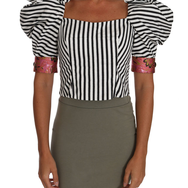 Dolce & Gabbana White Black Striped Cropped Top Puff Sleeve Shirts