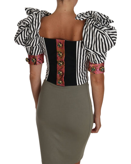Dolce & Gabbana White Black Striped Cropped Top Puff Sleeve Shirts
