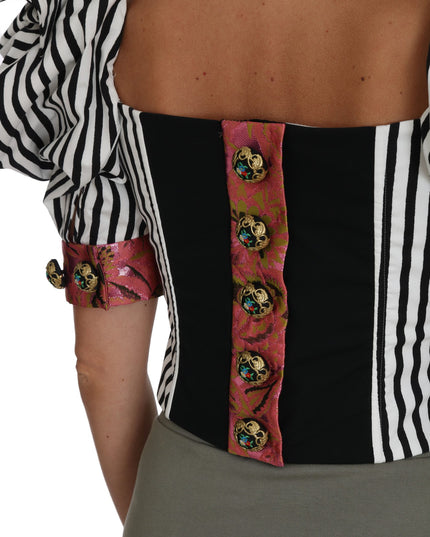 Dolce & Gabbana White Black Striped Cropped Top Puff Sleeve Shirts