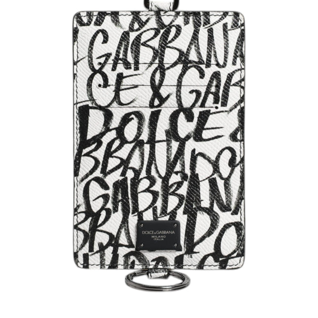 Dolce & Gabbana White Leather Lanyard Logo Print Card Holder Wallet