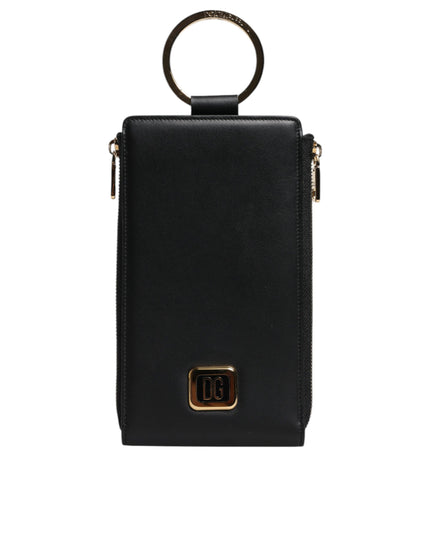 Dolce & Gabbana Black Leather Logo Plaque Neck Strap Card Coin Wallet