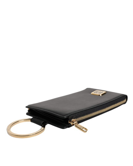 Dolce & Gabbana Black Leather Logo Plaque Neck Strap Card Coin Wallet