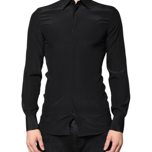 Dolce & Gabbana Black Silk Long Sleeves GOLD Dress Shirt