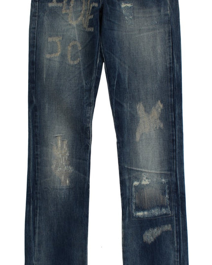 Cavalli Blue Wash Torn Cotton Straight Fit Jeans