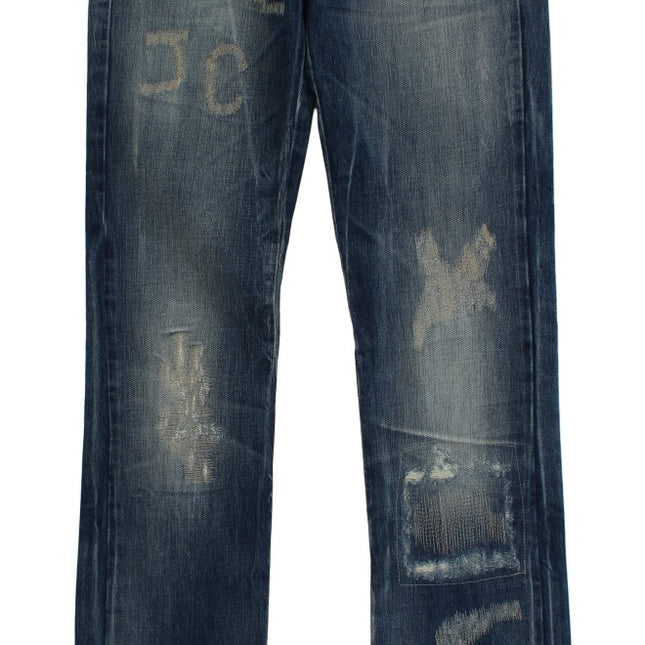 Cavalli Blue Wash Torn Cotton Straight Fit Jeans
