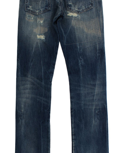 Cavalli Blue Wash Torn Cotton Straight Fit Jeans