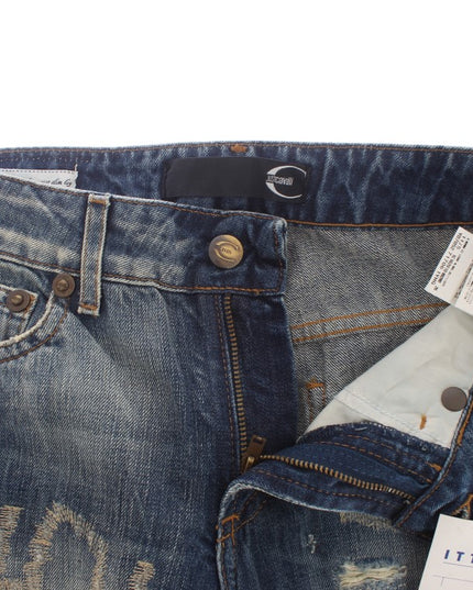 Cavalli Blue Wash Torn Cotton Straight Fit Jeans
