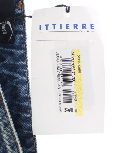 Cavalli Blue Wash Torn Cotton Straight Fit Jeans