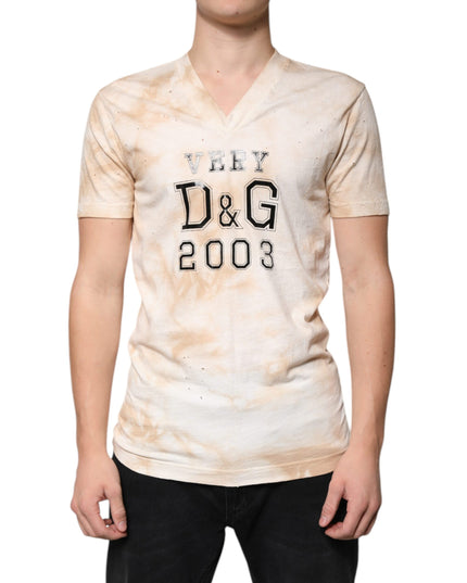 Dolce & Gabbana Beige Graphic Print Cotton V-neck T-shirt