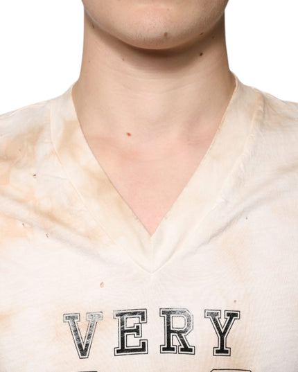 Dolce & Gabbana Beige Graphic Print Cotton V-neck T-shirt