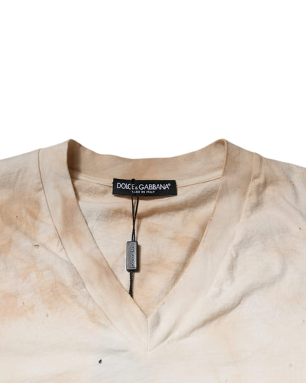 Dolce & Gabbana Beige Graphic Print Cotton V-neck T-shirt