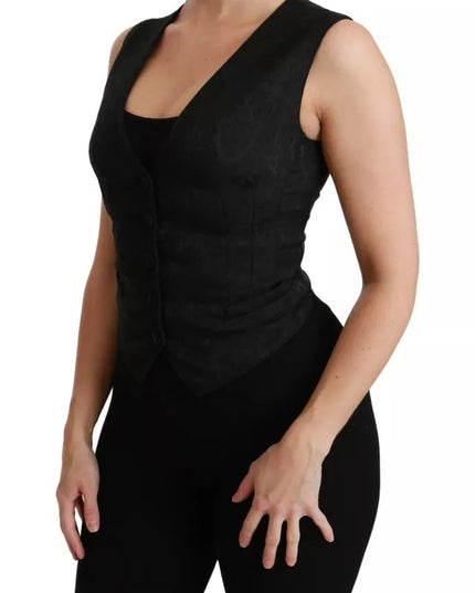 Dolce & Gabbana Black Lace Waistcoat Slim Vest Silk Top