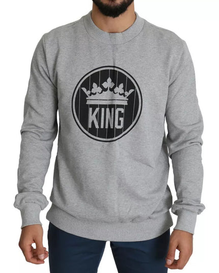 Dolce & Gabbana Gray Crown King Print Cotton Pullover Sweater