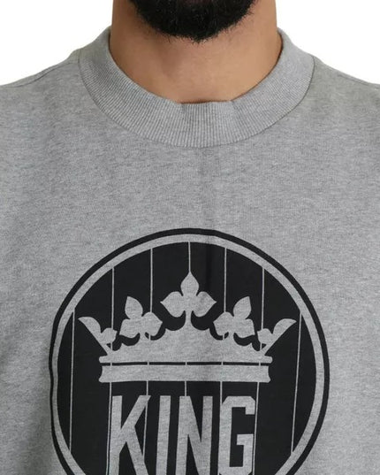 Dolce & Gabbana Gray Crown King Print Cotton Pullover Sweater