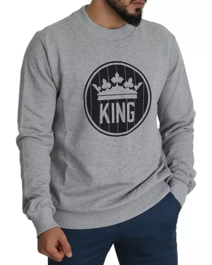 Dolce & Gabbana Gray Crown King Print Cotton Pullover Sweater