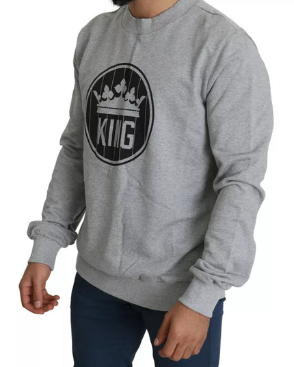Dolce & Gabbana Gray Crown King Print Cotton Pullover Sweater