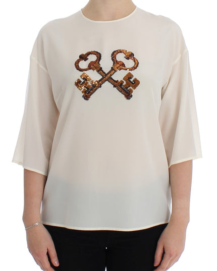 Dolce & Gabbana White Sequined Key Silk Blouse T-shirt Top