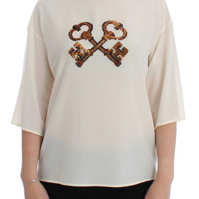 Dolce & Gabbana White Sequined Key Silk Blouse T-shirt Top