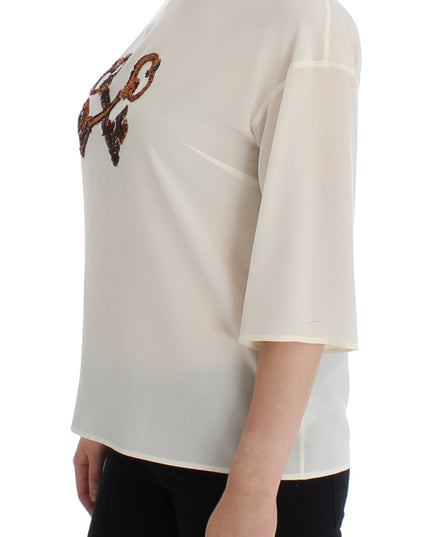 Dolce & Gabbana White Sequined Key Silk Blouse T-shirt Top