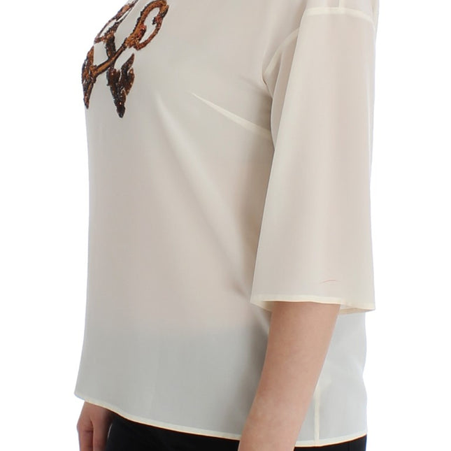 Dolce & Gabbana White Sequined Key Silk Blouse T-shirt Top