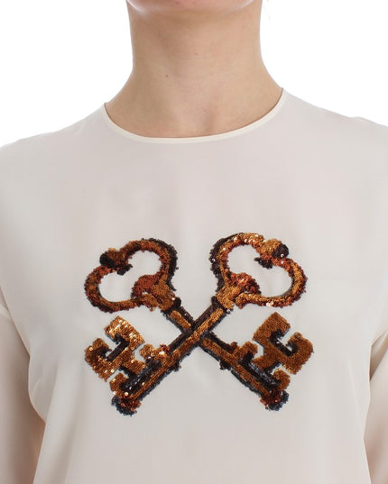 Dolce & Gabbana White Sequined Key Silk Blouse T-shirt Top
