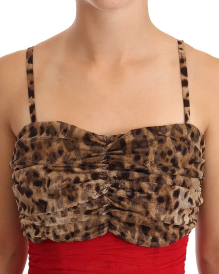 Dolce & Gabbana Brown Leopard Red Tulle Sheath Midi Dress