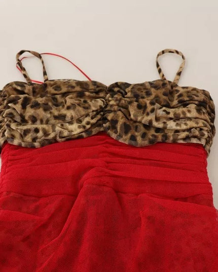 Dolce & Gabbana Brown Leopard Red Tulle Sheath Midi Dress